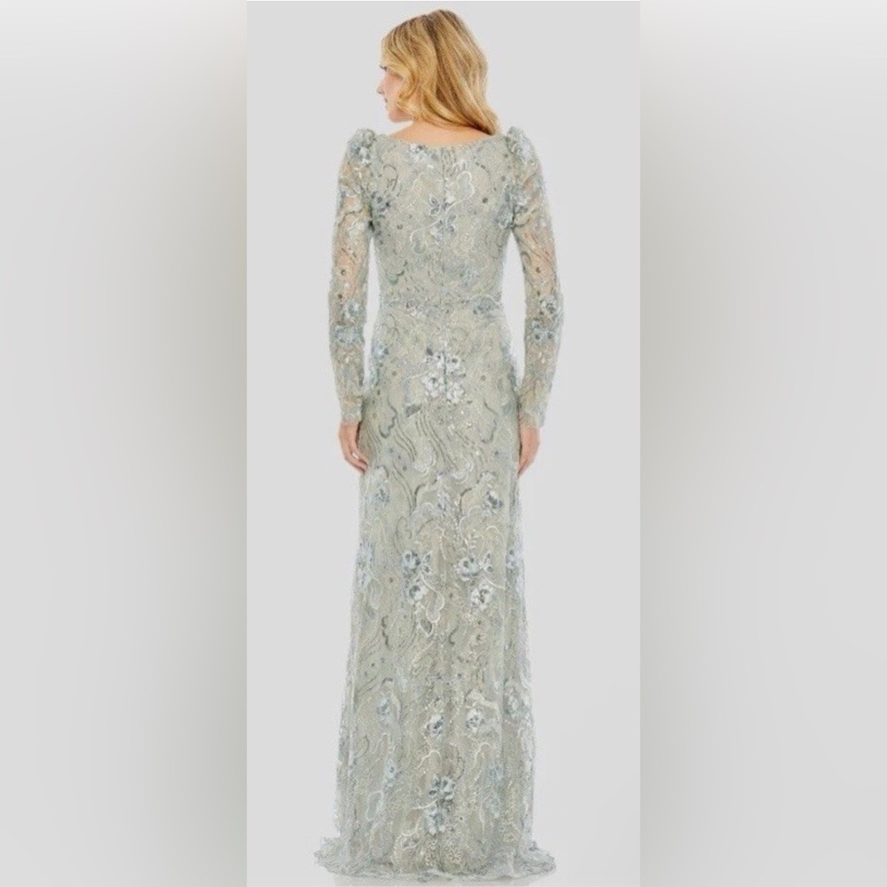 *Mac Duggal Embellished V-neck Illusion Long Sleeve Gown in Seamist Size 4C - Picture 3 of 8